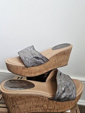 Coach Metallic Silver Cork Wedge Slide Sandals